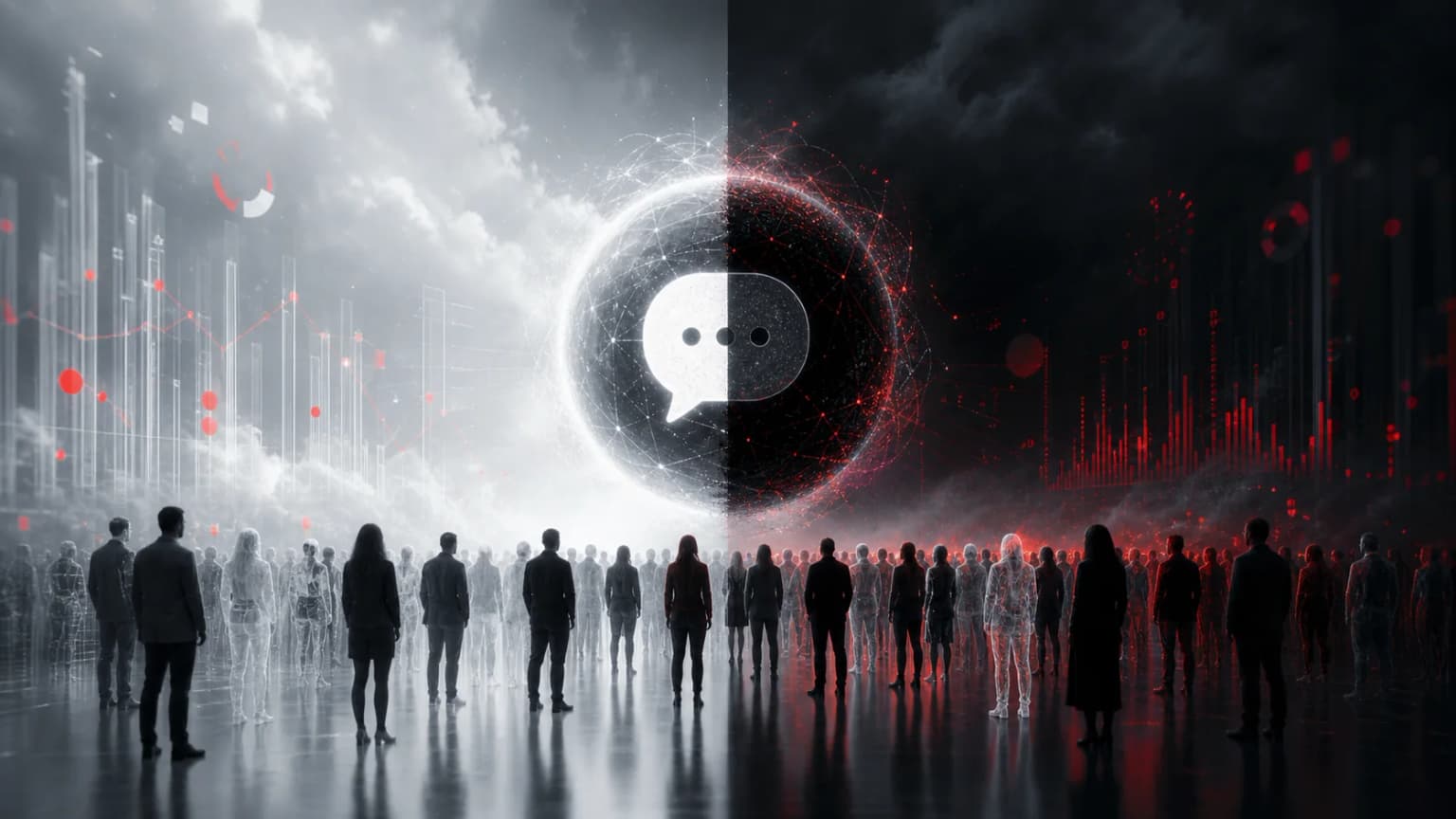 Una folla osserva un simbolo conversazionale diviso tra luce e ombra, metafora della fiducia nei chatbot AI